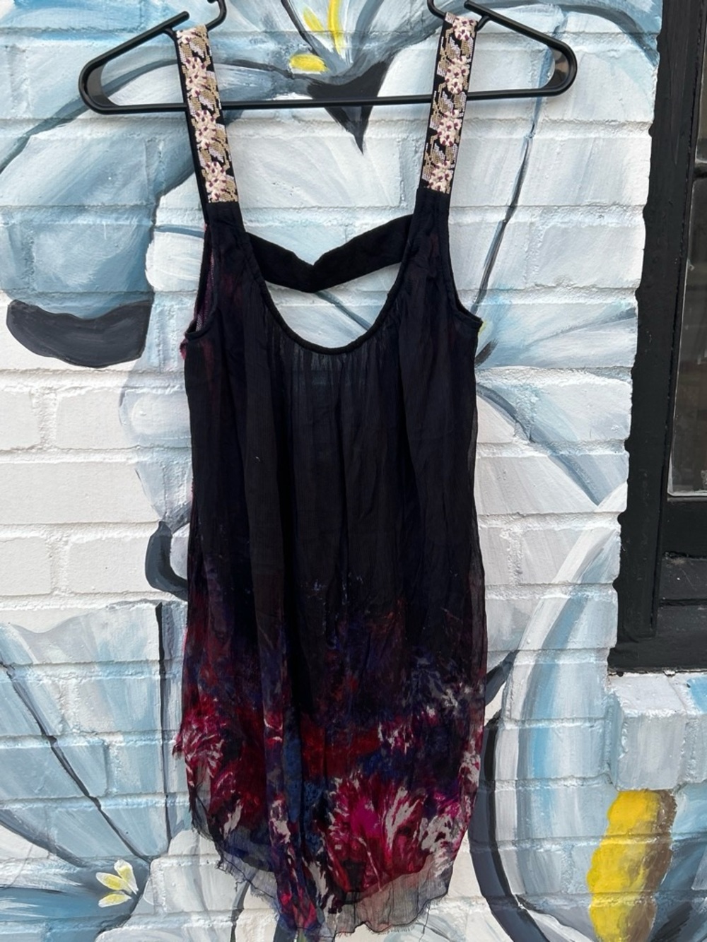 Free People Black Mini Dress with Burgundy & Navy Tie-Dye Hem